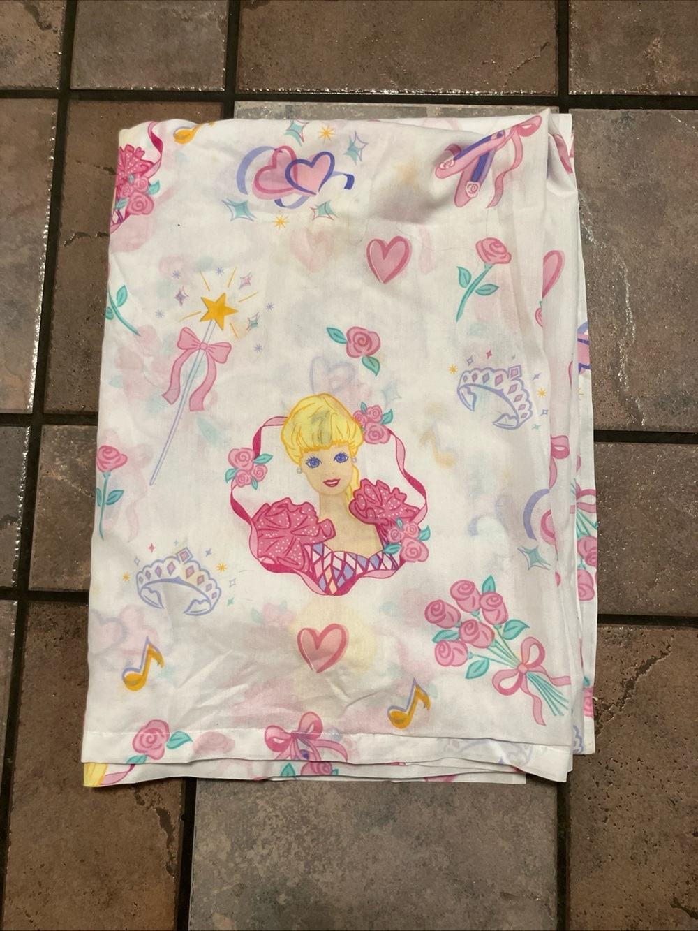 VTG 1995 Barbie Twin Size Flat  Sheet Pink Roses Ballerina Heart Bibb Company